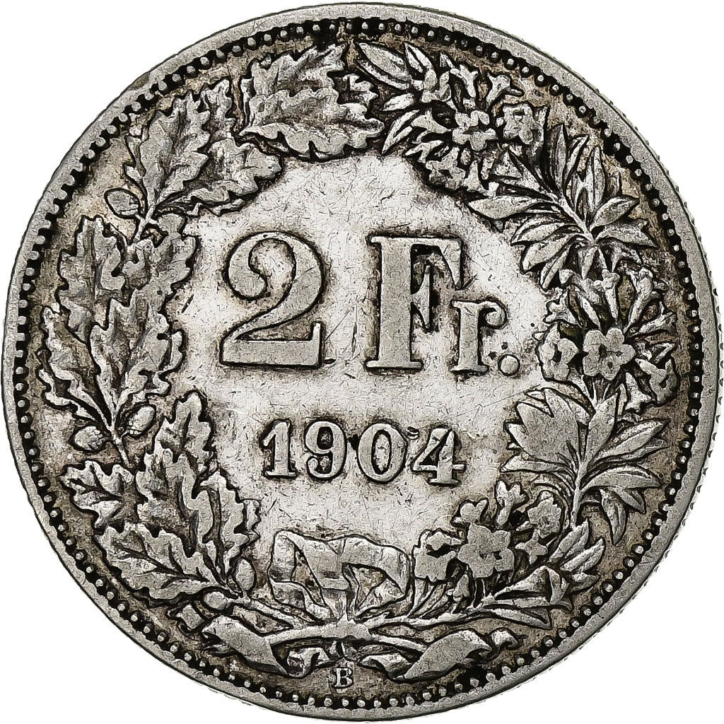 Suiza, 2 Francs, 1904, Bern, Plata, BC+, KM:21