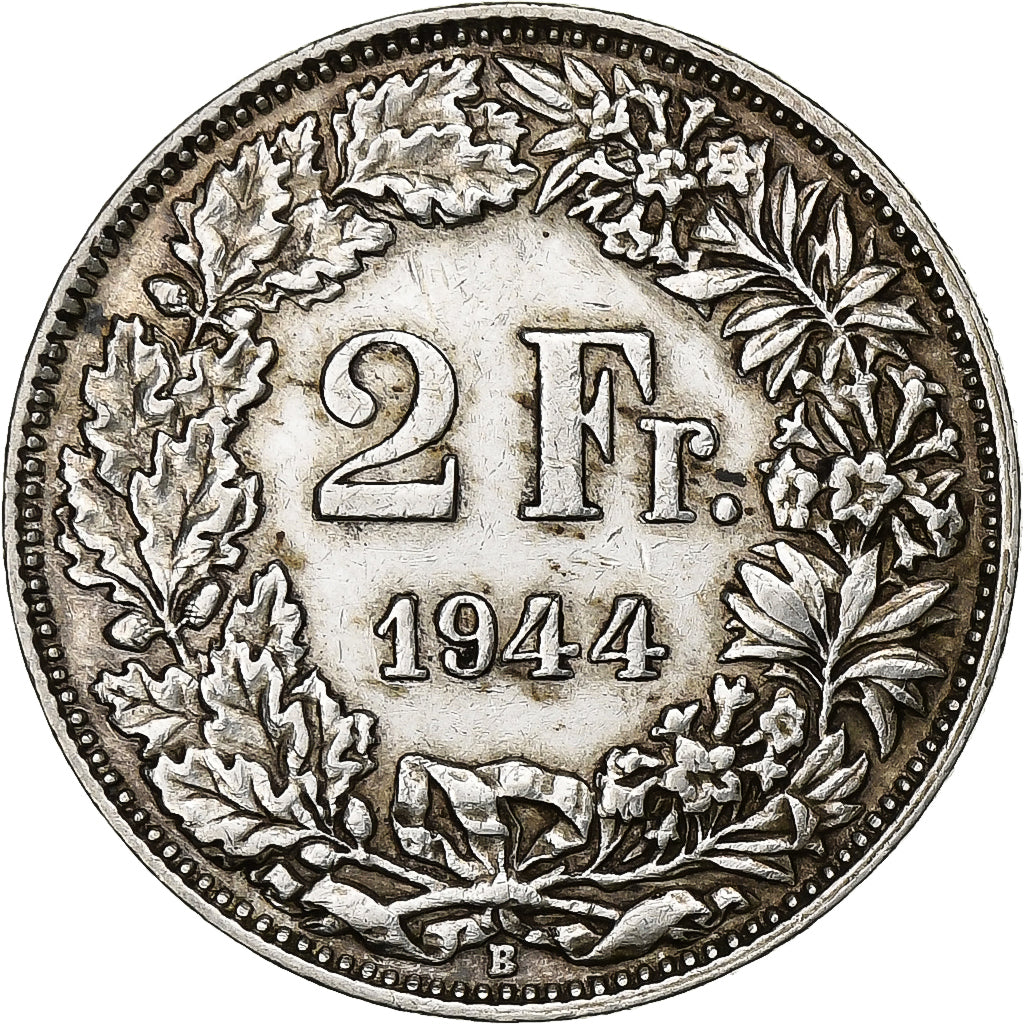 Suíça, 2 Francs, 1944, Bern, Prata, AU(50-53), KM:21