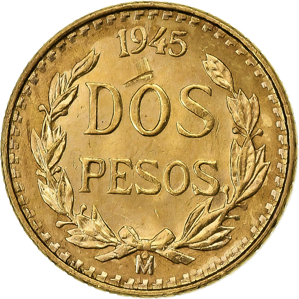 México, 2 Pesos, 1945, Mexico City, Dourado, AU(55-58), KM:461