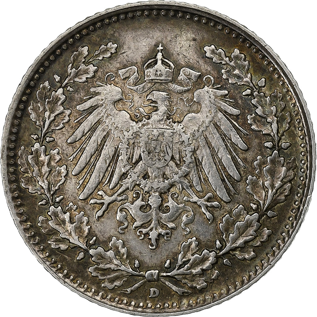 ALEMANIA - IMPERIO, 1/2 Mark, 1905, Munich, Plata, MBC+, KM:17