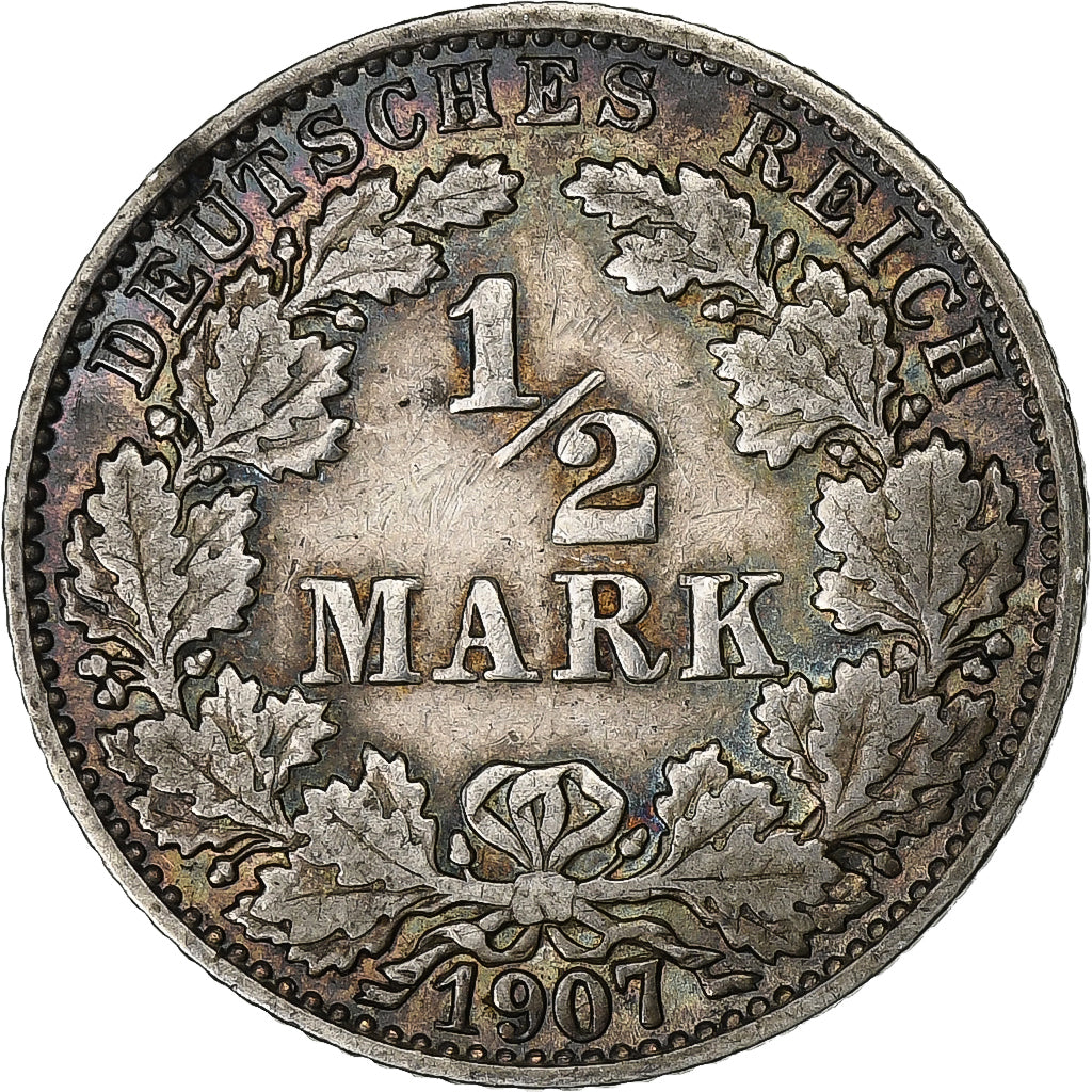 ALEMANIA - IMPERIO, 1/2 Mark, 1907, Hambourg, Plata, MBC+, KM:17