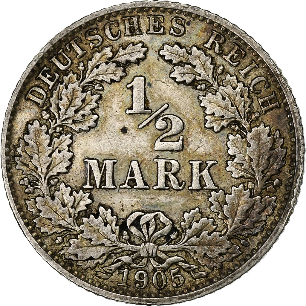 ALEMANIA - IMPERIO, 1/2 Mark, 1905, Munich, Plata, MBC, KM:17