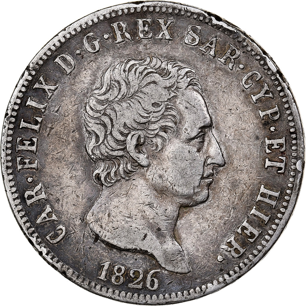 Estados italianos, SARDINIA, Carlo Felice, 5 Lire, 1826, Genoa, Plata, BC+