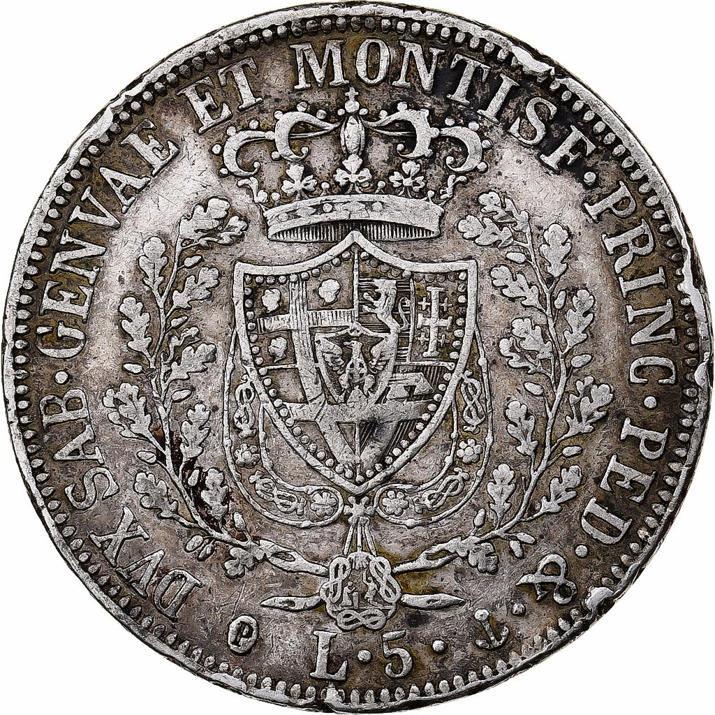 Estados italianos, SARDINIA, Carlo Felice, 5 Lire, 1826, Genoa, Plata, BC+