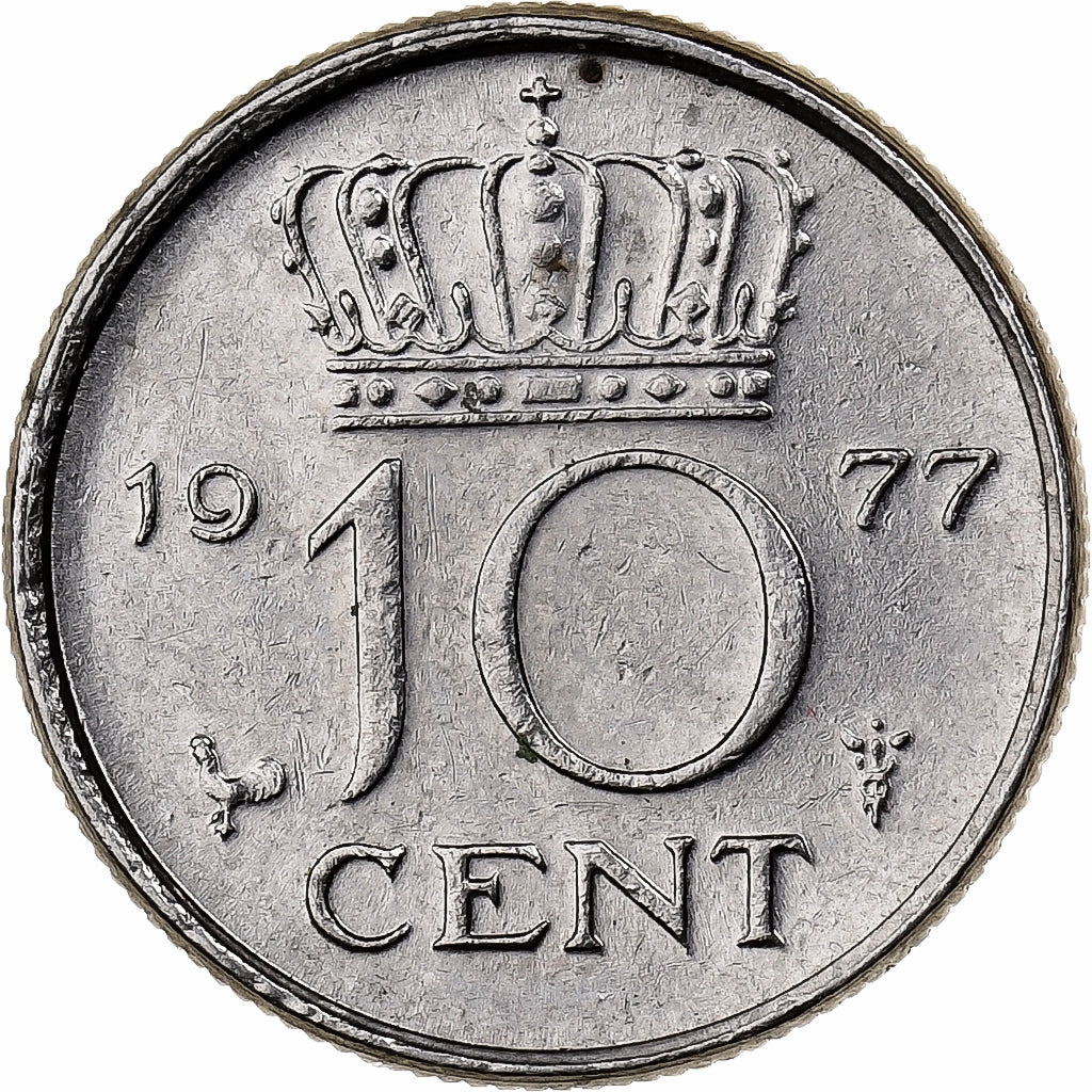 Holandia, Juliana, 10 Cents, 1977, Nikiel, AU(50-53), KM:182