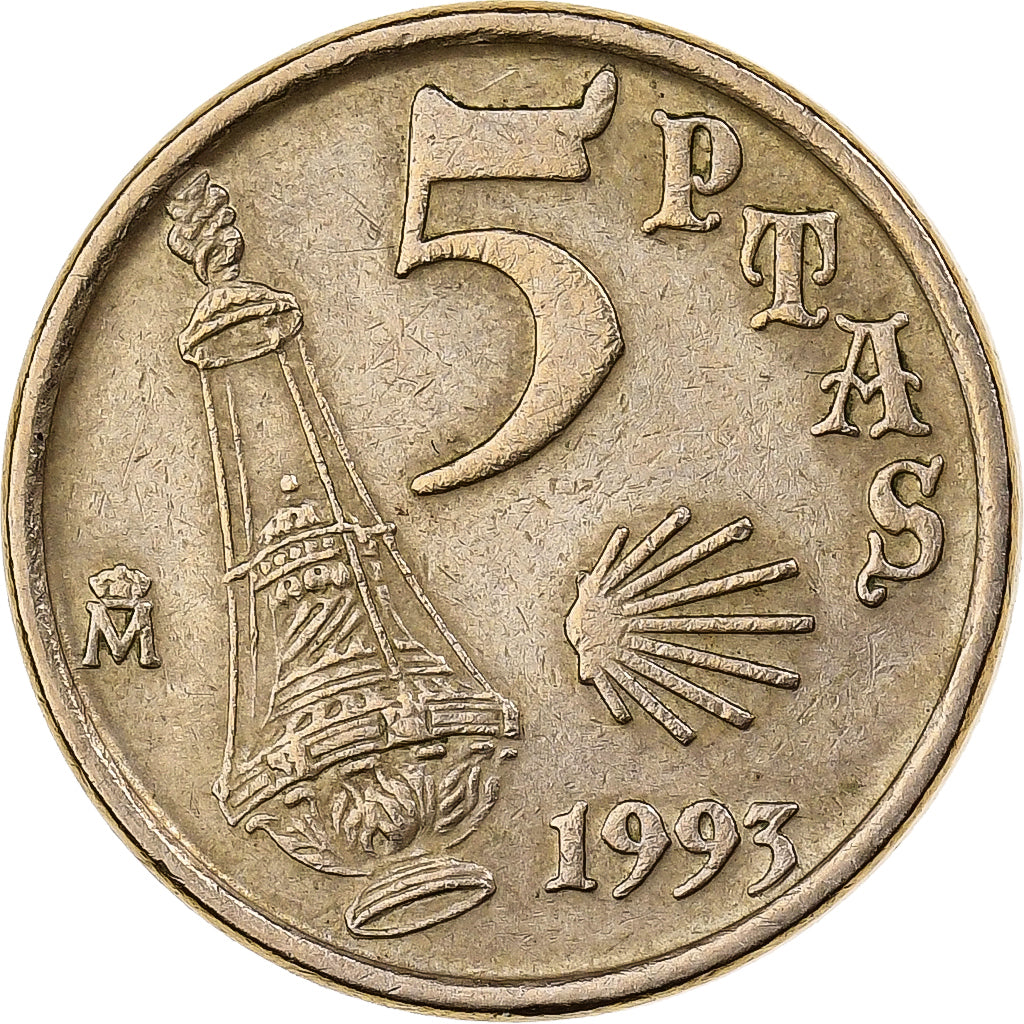 España, Juan Carlos I, 5 Pesetas, 1993, Madrid, Aluminio - bronce, MBC, KM:919