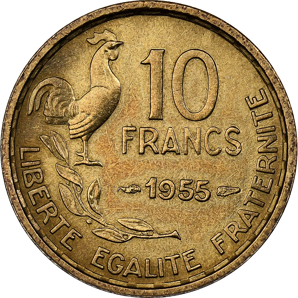 France, 10 Francs, Guiraud, 1955, Paris, Aluminum-Bronze, AU(50-53)