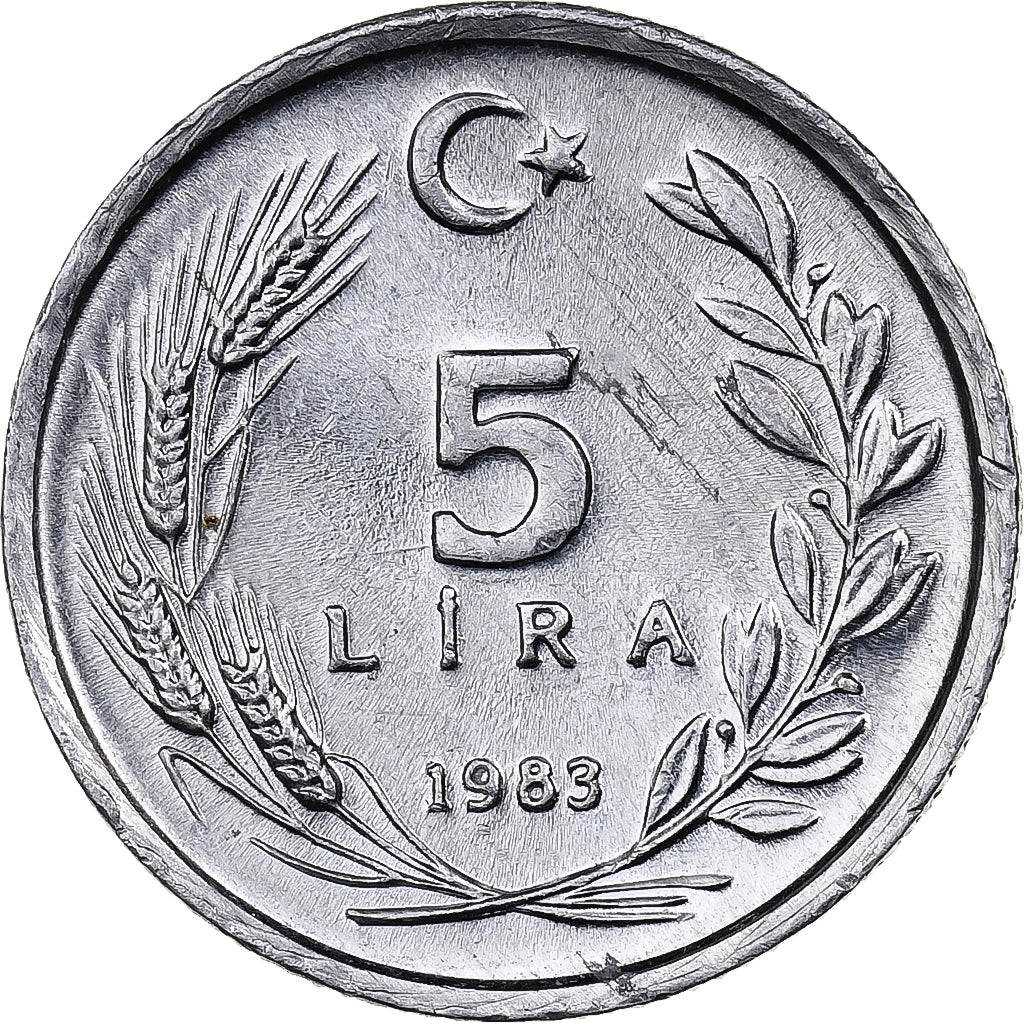 Turquía, 5 Lira, 1983, Aluminio, EBC, KM:949.2