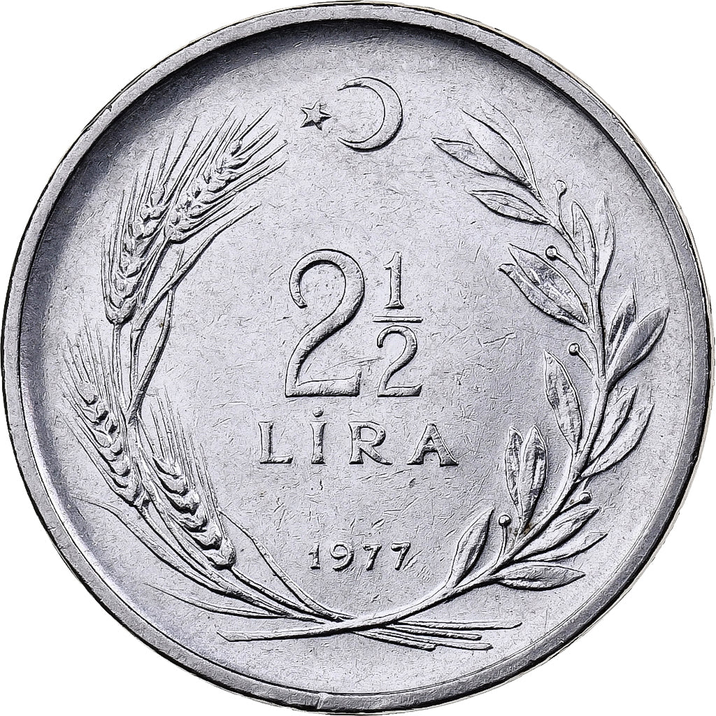 Turcja, 2-1/2 Lira, 1977, Stal nierdzewna, AU(50-53), KM:893.2