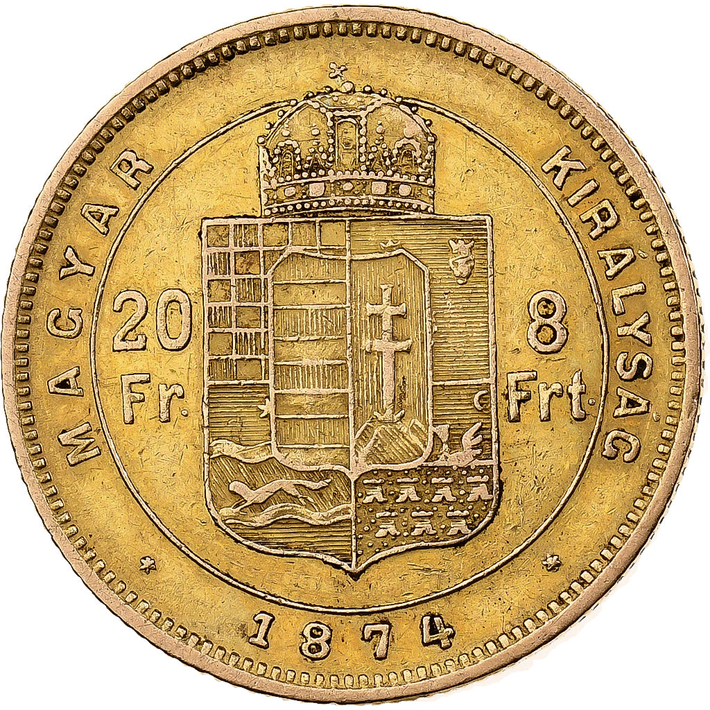 Hungary, Franz Joseph I, 8 Forint 20 Francs, 1874, Kormoczbanya, Gold