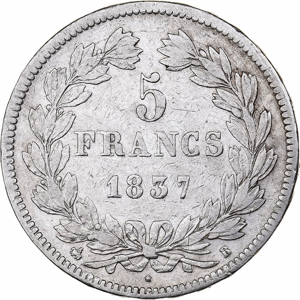 Francja, Louis-Philippe I, 5 Francs, 1837, Rouen, Srebro, VF(30-35)