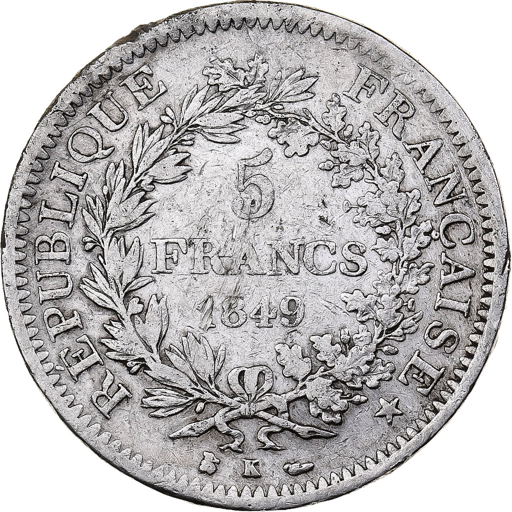 Frankrijk, 5 Francs, Hercule, 1849, Bordeaux, Zilver, FR+, Gadoury:683, KM:756.4