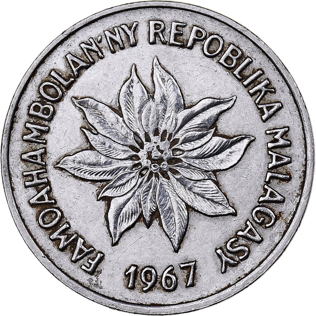 Madagáscar, 5 Francs, Ariary, 1967, Paris, Aço Inoxidável, AU(50-53), KM:10