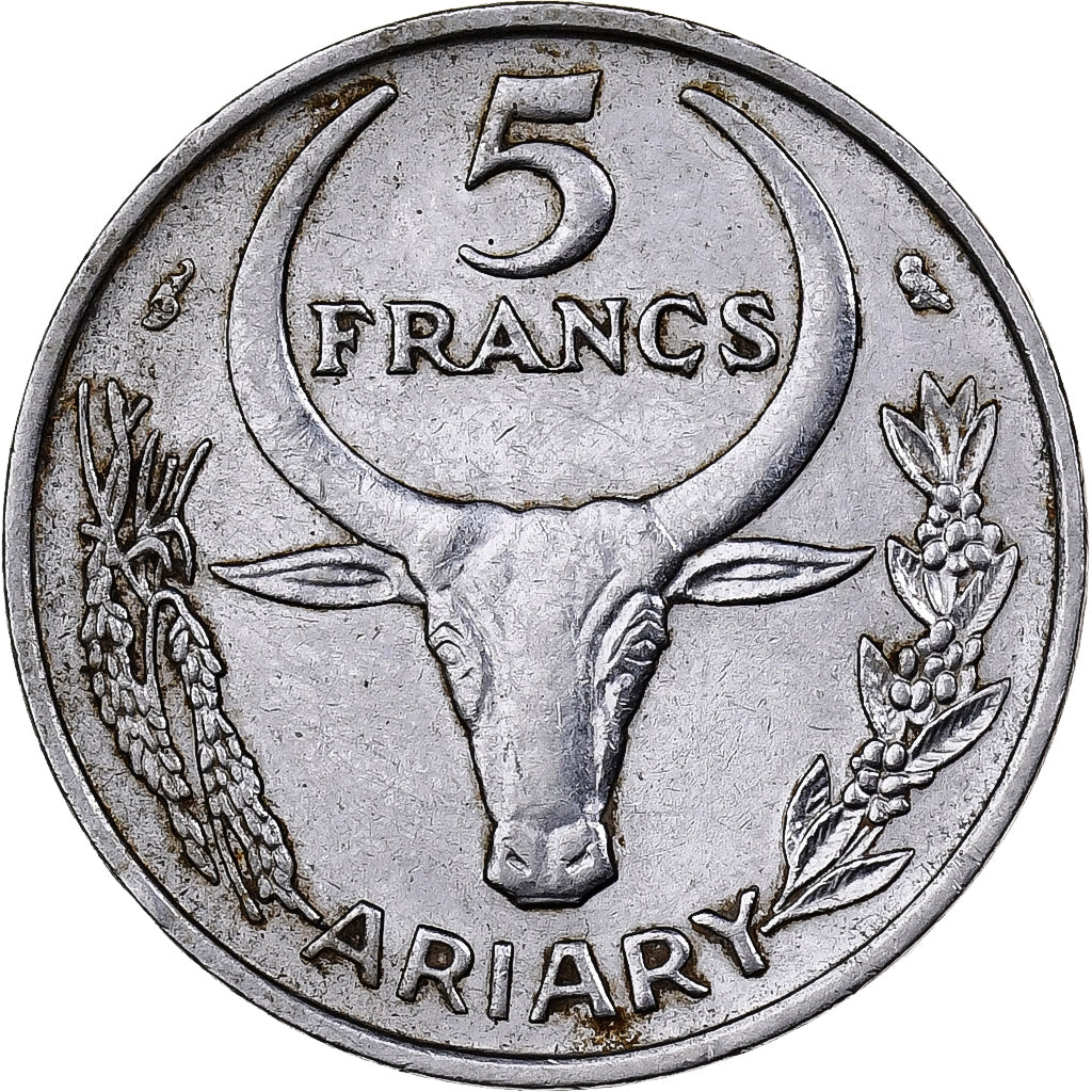 Madagáscar, 5 Francs, Ariary, 1967, Paris, Aço Inoxidável, AU(50-53), KM:10
