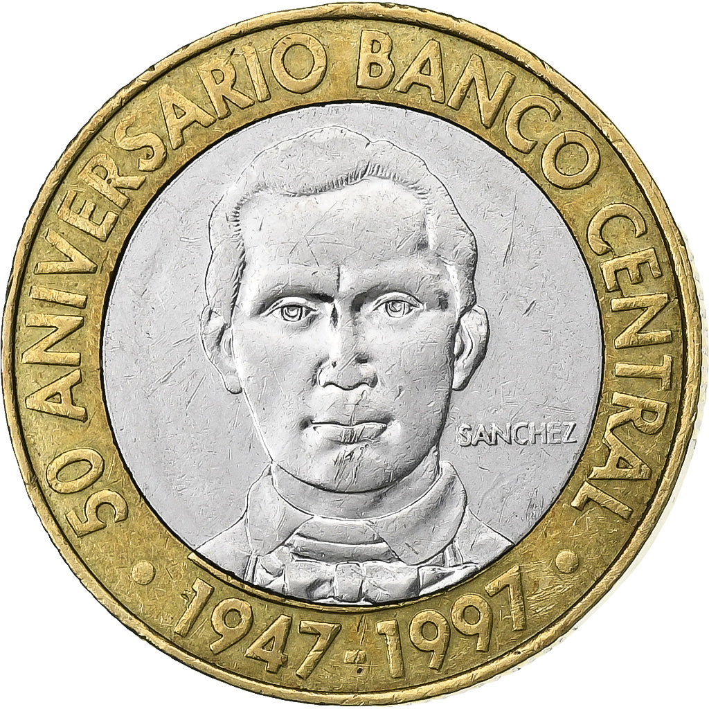 Dominican Republic, 5 Pesos, 1997, Bi-Metallic, AU(50-53), KM:88