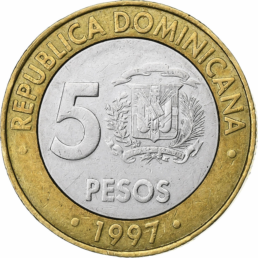 Dominican Republic, 5 Pesos, 1997, Bi-Metallic, AU(50-53), KM:88