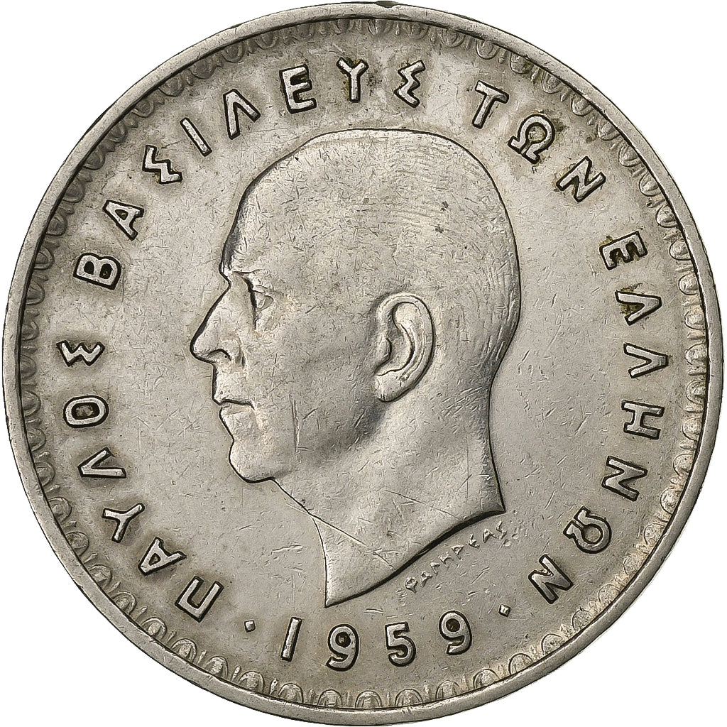 Griekenland, Paul I, 10 Drachmai, 1959, Nickel, ZF, KM:84