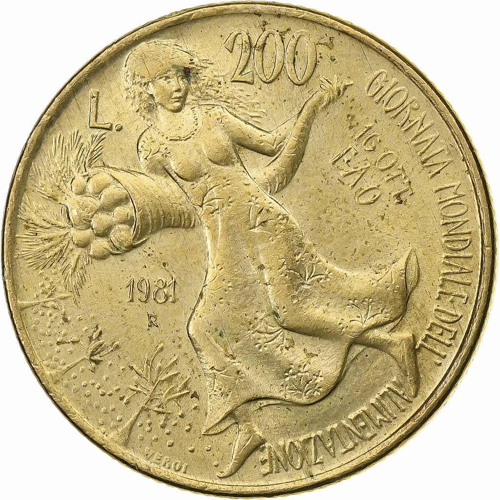 Italy, 200 Lire, 1981, Rome, Aluminum-Bronze, AU(55-58), KM:109