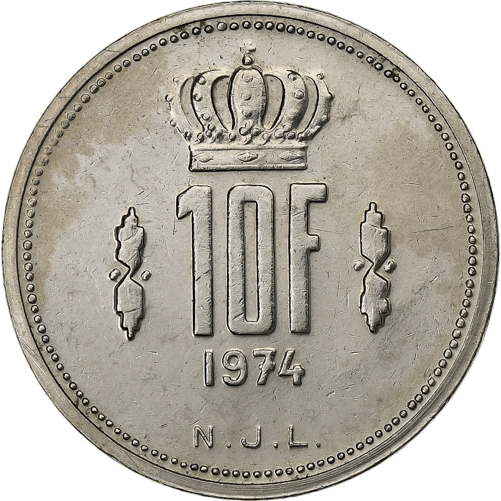 Luksemburg, Jean, 10 Francs, 1974, Nikiel, AU(55-58), KM:57