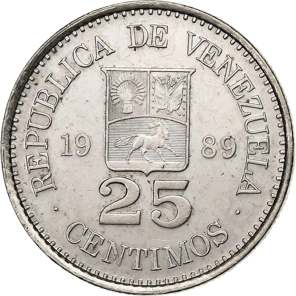 Venezuela, 25 Centimos, 1989, Nickel Clad Steel, SUP, KM:50a