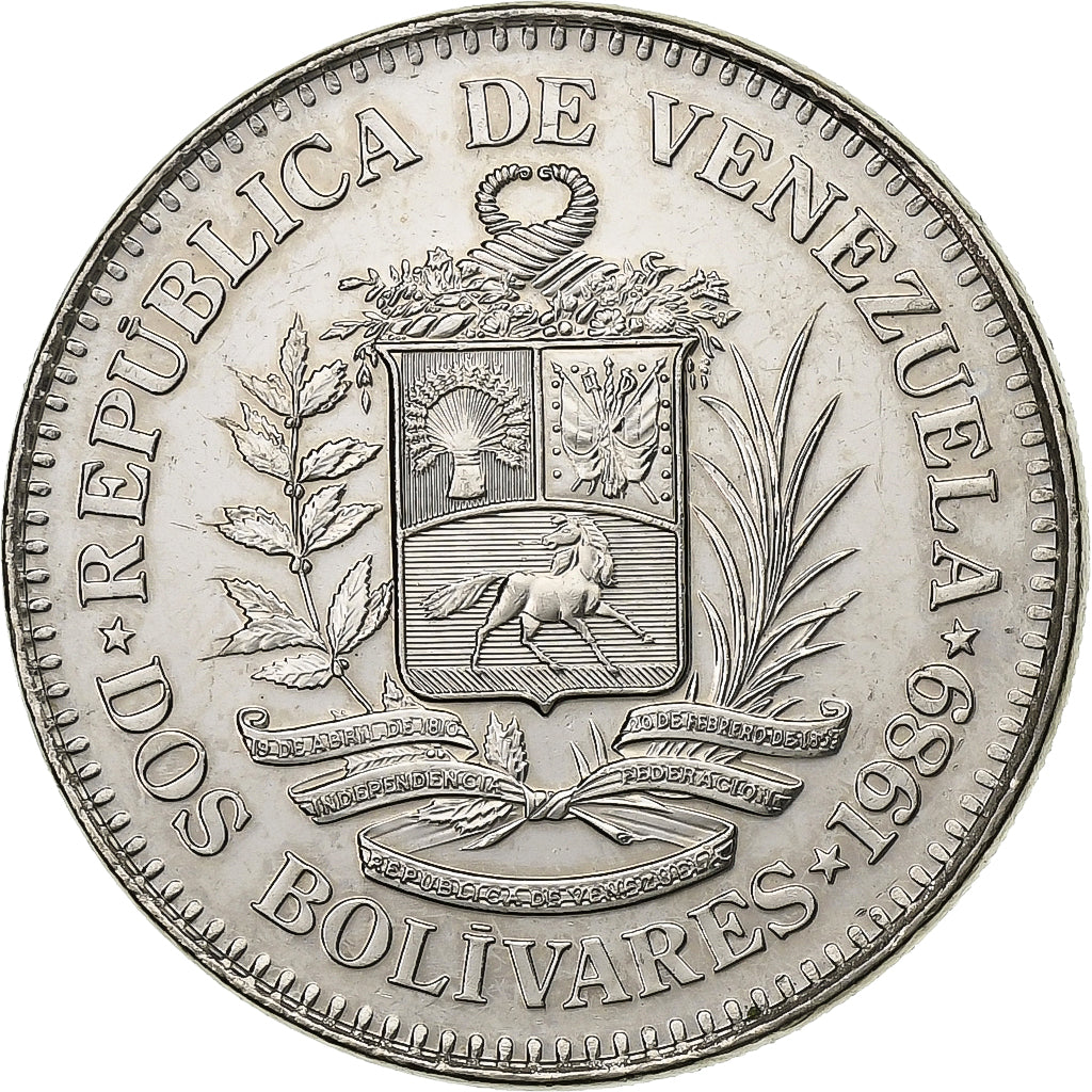 Venezuela, 2 Bolivares, 1989, Nickel Clad Steel, SUP, KM:43a.1