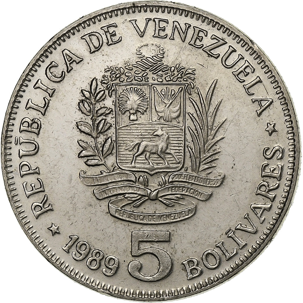 Venezuela, 5 Bolivares, 1989, Nickel Clad Steel, SUP, KM:53a.2