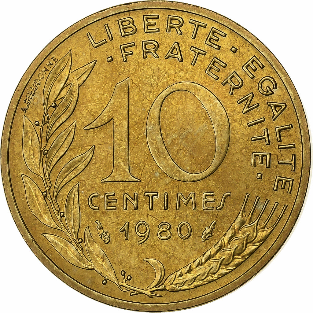 France, 10 Centimes, Marianne, 1980, Paris, Aluminum-Bronze, AU(55-58)