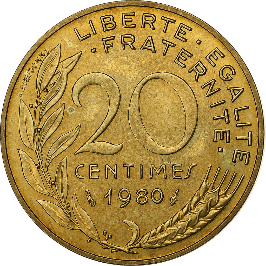 Francja, 20 Centimes, Marianne, 1980, Paris, Aluminium-Brąz, AU(55-58)