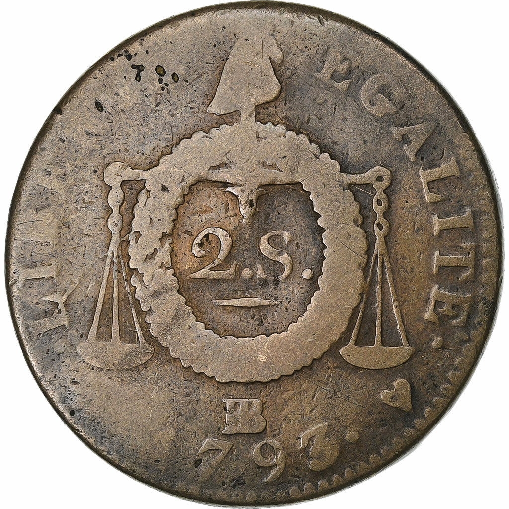 France, 2 Sols, 2 sols aux balances daté, 1793, Strasbourg, Bronze, VF(20-25)