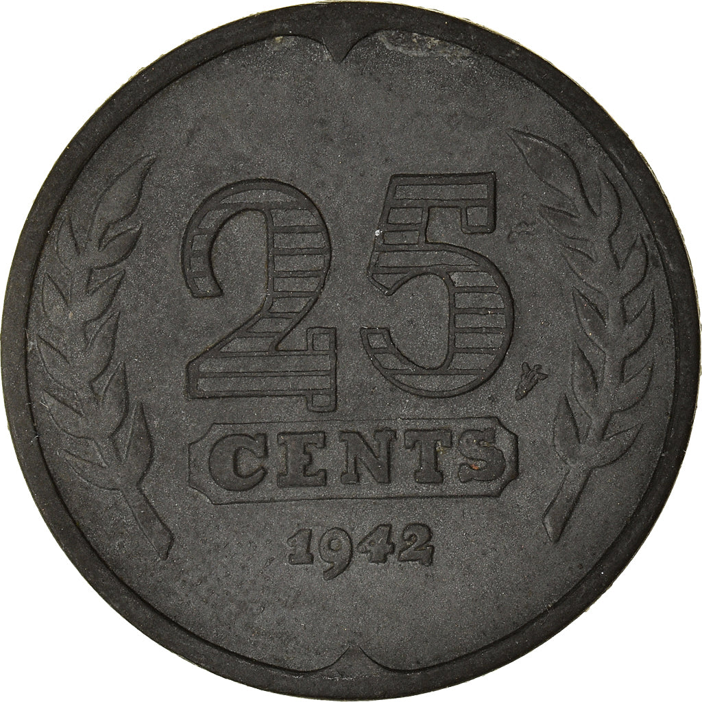 Moneda, Países Bajos, Wilhelmina I, 25 Cents, 1942, BC+, Cinc, KM:174