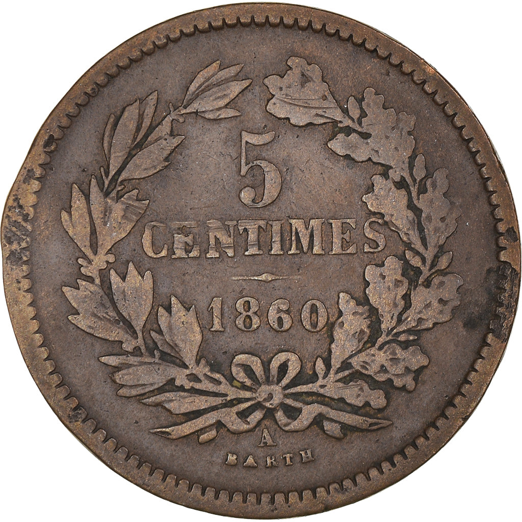 Moneta, Lussemburgo, William III, 5 Centimes, 1860, Paris, MB, Bronzo, KM:22.2