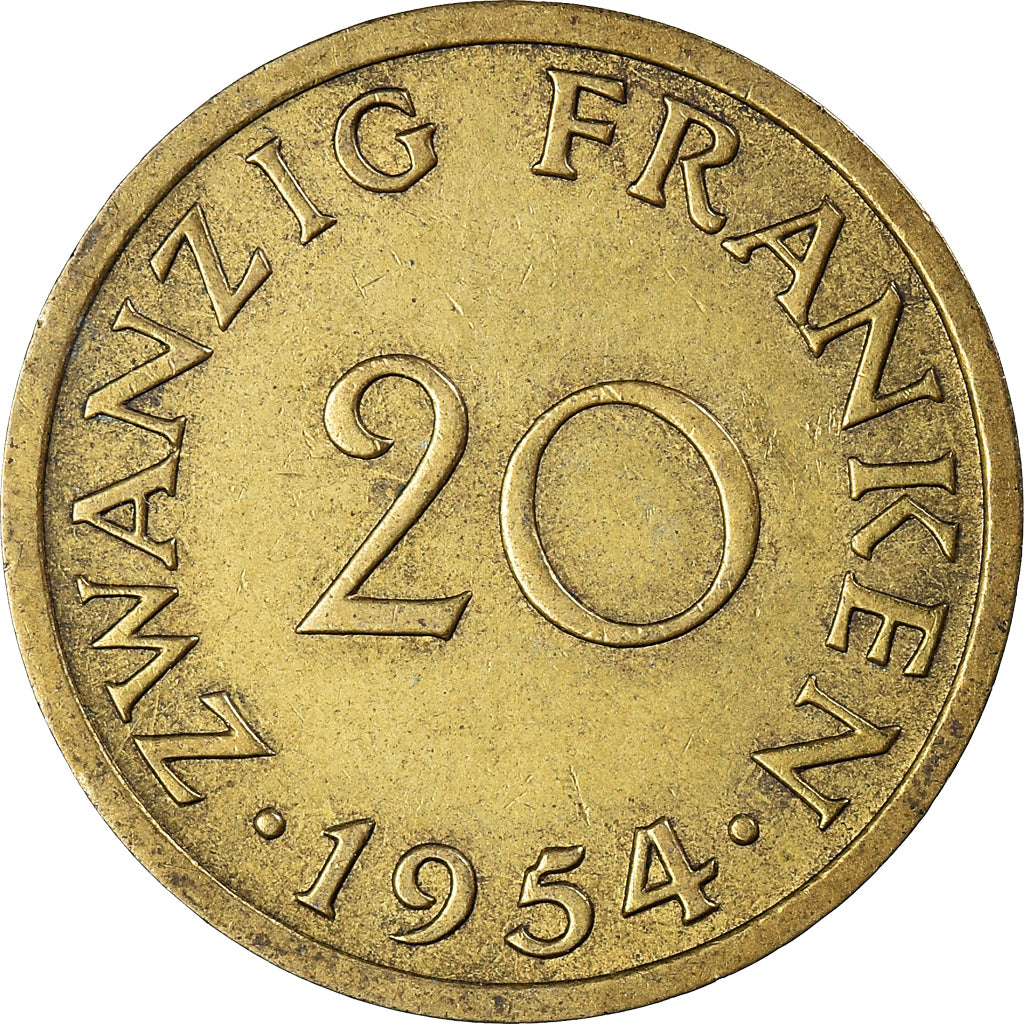 Coin, SAARLAND, 20 Franken, 1954, Paris, EF(40-45), Aluminum-Bronze, KM:2