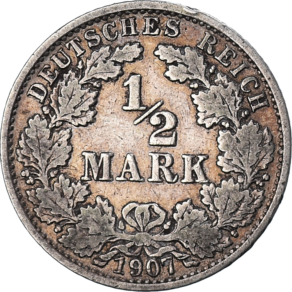 Coin, GERMANY - EMPIRE, 1/2 Mark, 1907, Berlin, VF(30-35), Silver, KM:17