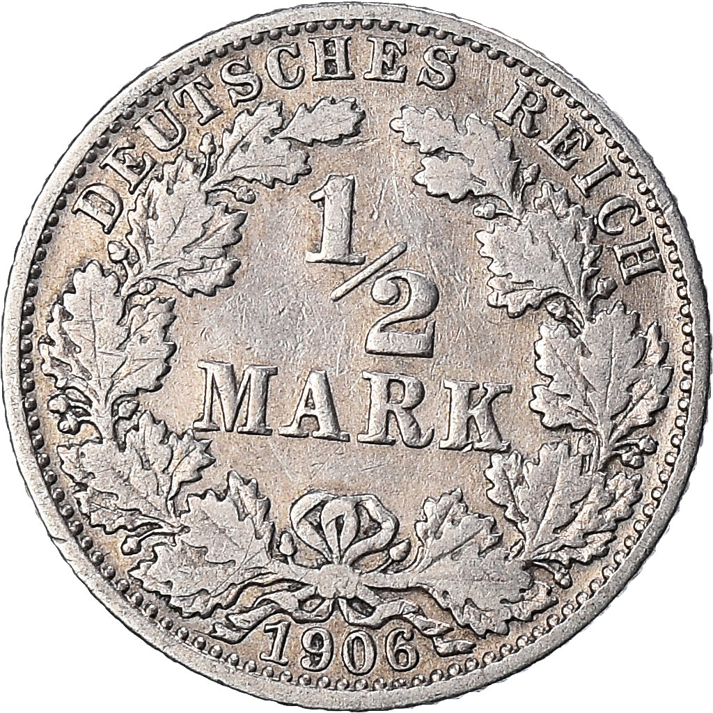 Coin, GERMANY - EMPIRE, 1/2 Mark, 1906, Hambourg, EF(40-45), Silver, KM:17