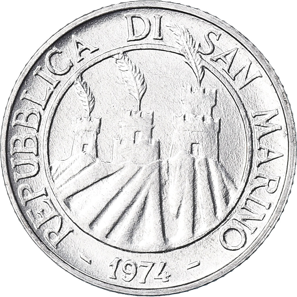 Coin, San Marino, 2 Lire, 1974, Rome, FDC, MS(65-70), Aluminum, KM:31