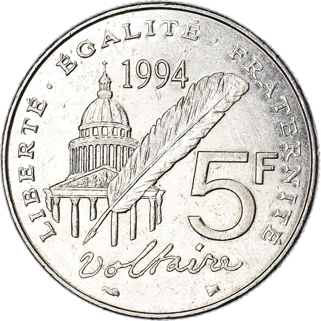 Moeda, França, Voltaire, 5 Francs, 1994, Paris, EF(40-45), Níquel, KM:1063