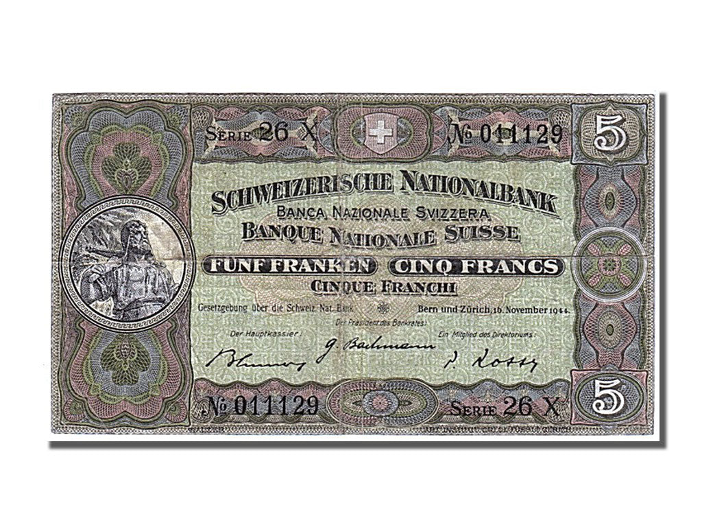 Biljet, Zwitserland, 5 Franken, 1944, 1944-11-16, TTB