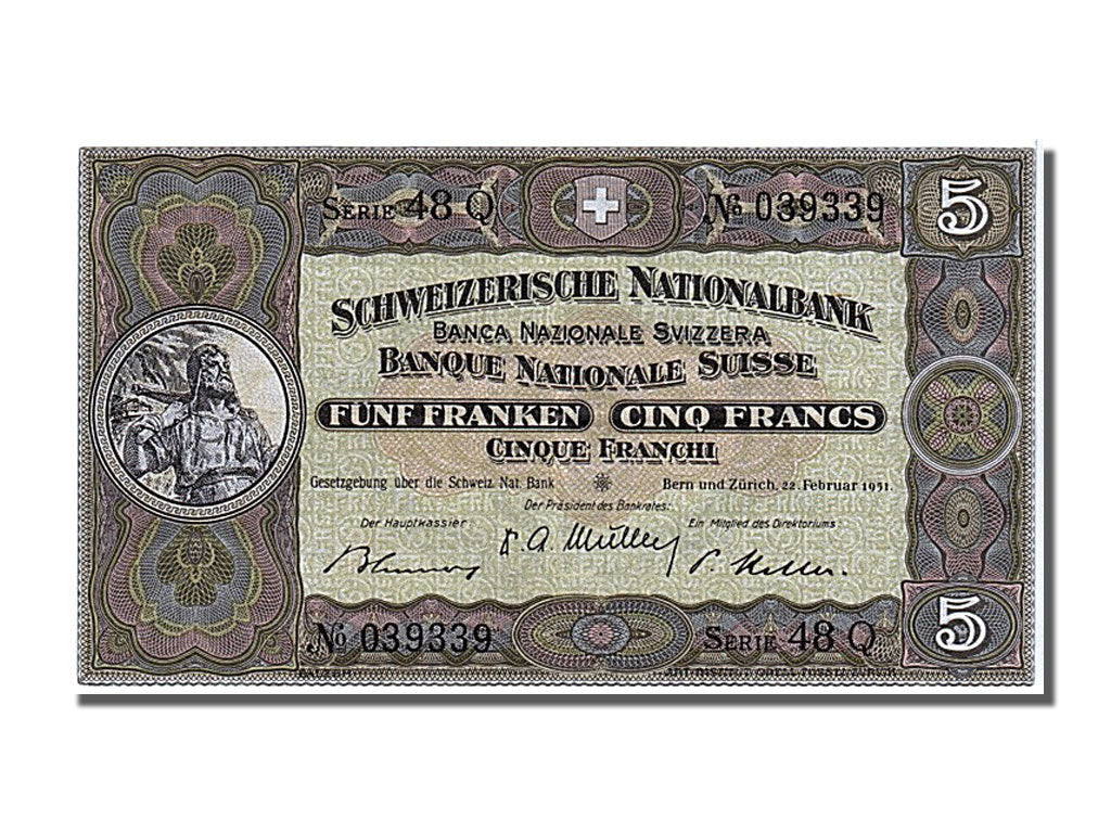 Geldschein, Schweiz, 5 Franken, 1951, 1951-02-22, VZ+