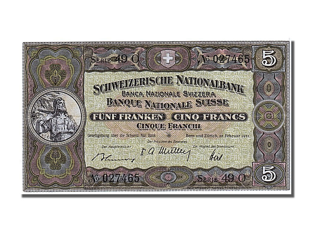 Banknote, Switzerland, 5 Franken, 1951, 1951-02-22, AU(55-58)
