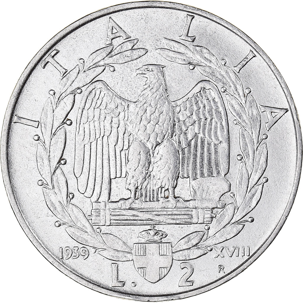Moeda, Itália, Vittorio Emanuele III, 2 Lire, 1939, Rome, AU(50-53), Aço