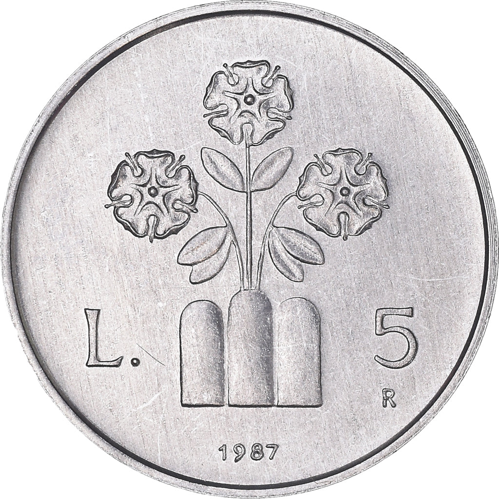 Moeda, San Marino, 5 Lire, 1987, Rome, MS(65-70), Alumínio, KM:203