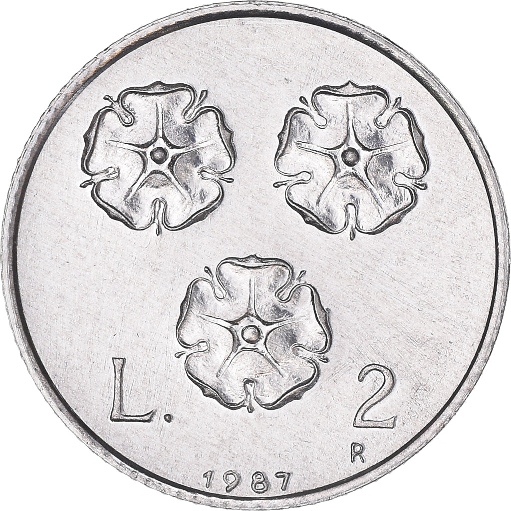 Moeda, San Marino, 2 Lire, 1987, Rome, MS(65-70), Alumínio, KM:202