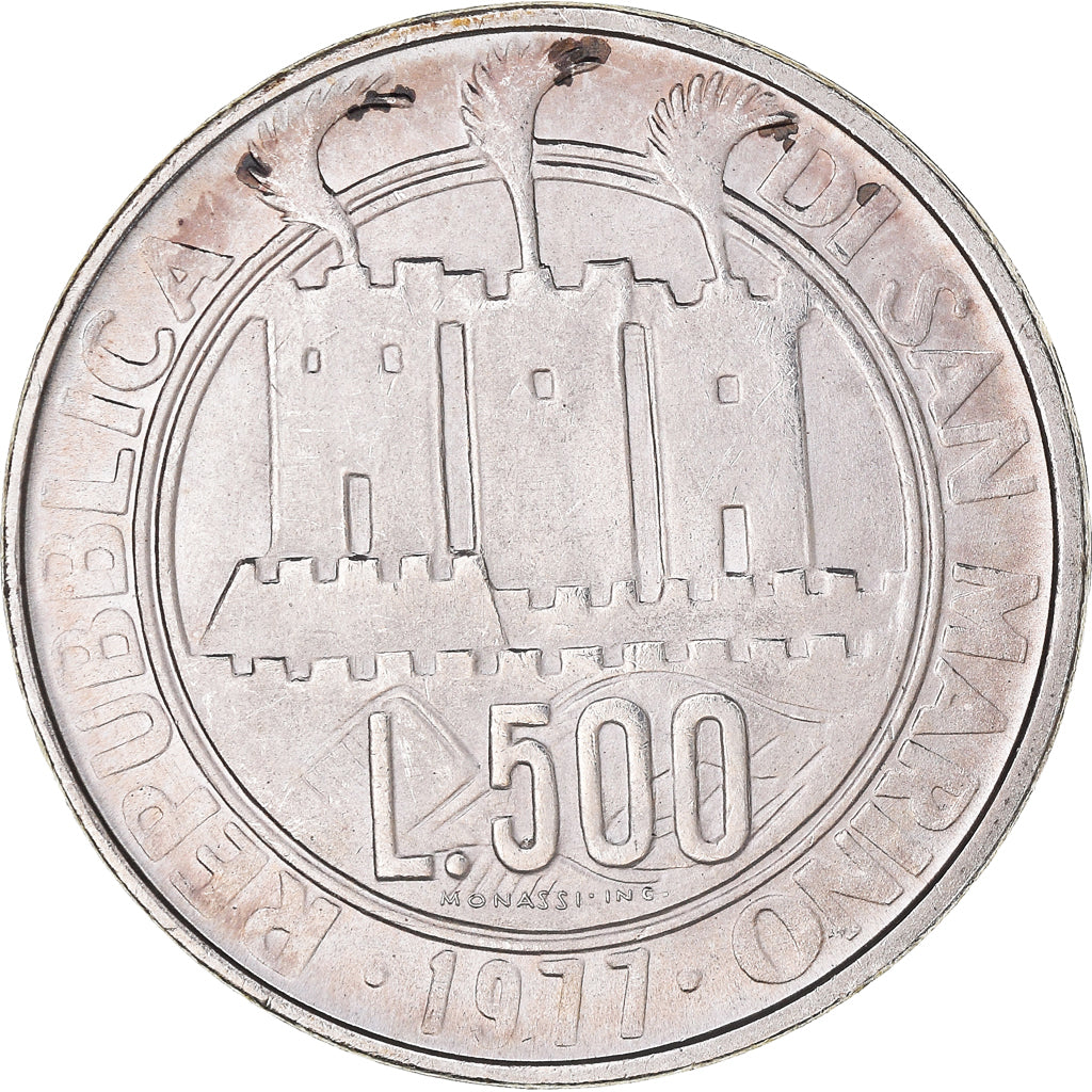 Moneta, San Marino, 500 Lire, 1977, MS(63), Srebro, KM:71