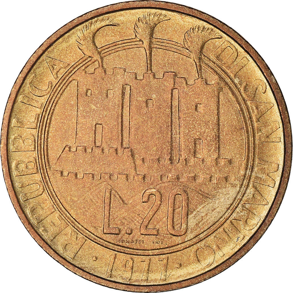 Moneda, San Marino, 20 Lire, 1977, Rome, FDC, Aluminio - bronce, KM:67