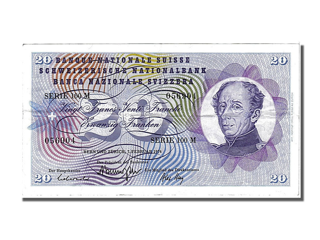 Banknote, Switzerland, 20 Franken, 1974, 1974-02-07, AU(50-53)