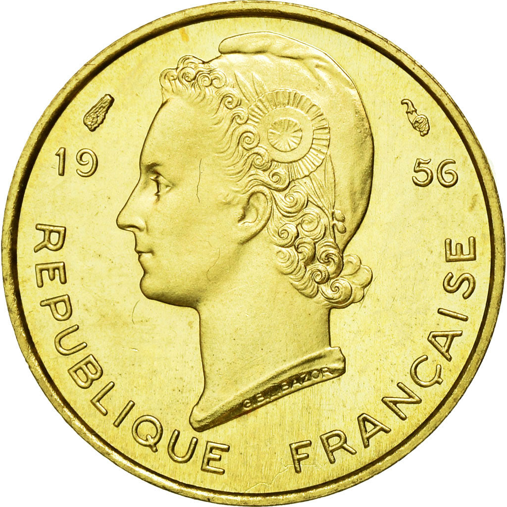 Coin, French West Africa, 5 Francs, 1956, MS(65-70), Aluminum-Bronze