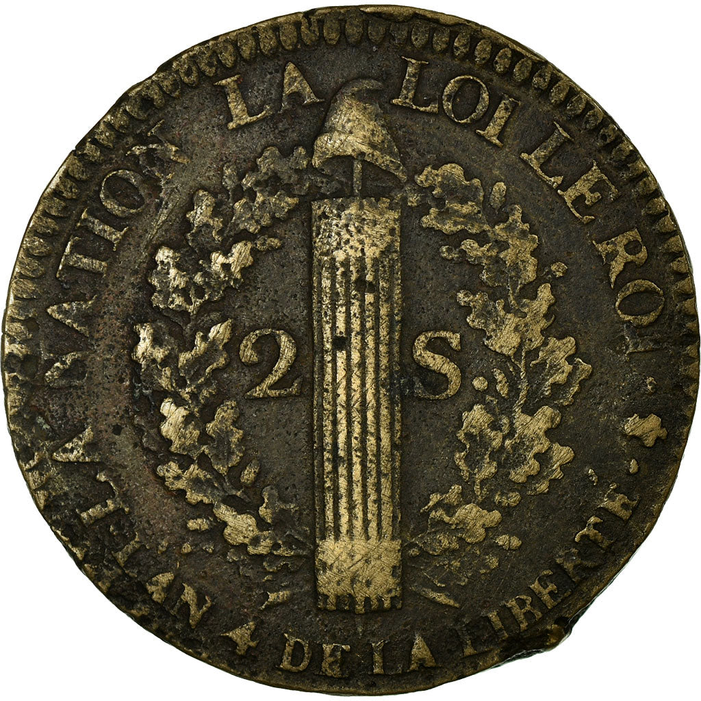 Moneta, Francja, 2 sols françois, 2 Sols, 1792, Paris, EF(40-45), Bronze