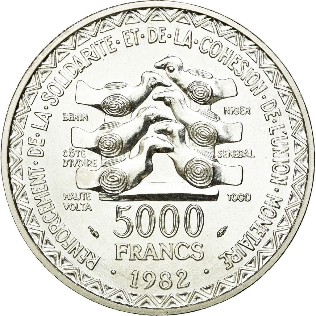 Coin, West African States, 5000 Francs, 1982, MS(65-70), Silver, KM:E13