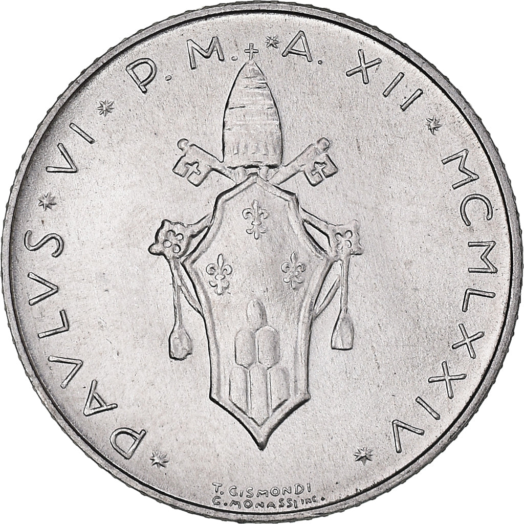 Munten, Vaticaanstad, Paul VI, 2 Lire, 1974, Roma, FDC, Aluminium, KM:117