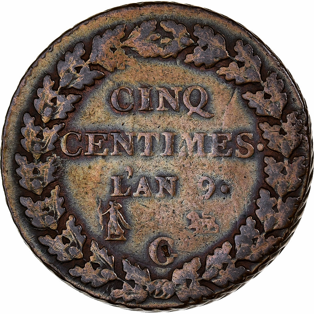 France, 5 Centimes, Dupré, AN 9, Geneva, Bronze, EF(40-45), Gadoury:126b
